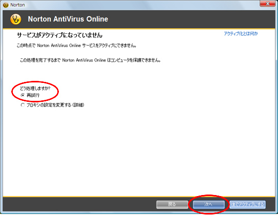アクティブ化の再試行にチェックを入れている画面