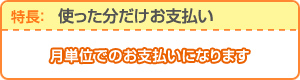 使った分だけお支払い:月単位でのお支払いになります。日割り計算でのお支払い、ご返金はありません。