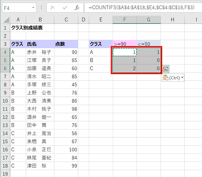 4のCOUNTIFSの式をセルF5:F6とG4:G6にコピーしている画面イメージ