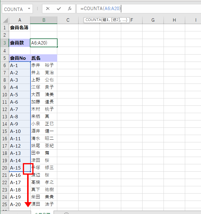 「A6:A20」に青い枠が表示され、青枠の右下の■（ハンドル）をセルA25までドラッグしている画面イメージ