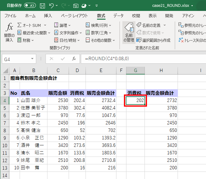 小数点以下第一位で四捨五入され、消費税が整数で表示されている画面イメージ