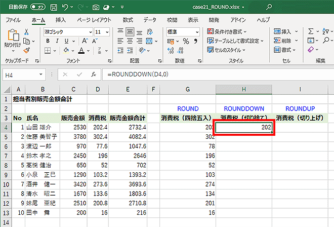 消費税の小数点以下第一位が切り捨てられている画面イメージ