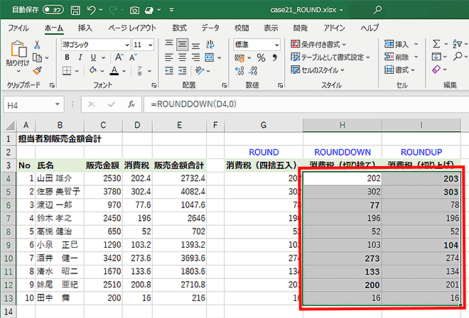 ROUNDDOWNの式とROUNDUPの式をを13行目までコピーし、G列のROUND関数で四捨五入された結果と比べている画面イメージ