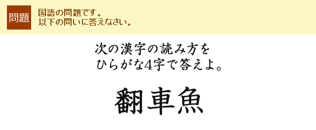 次の漢字の読み方をひらがな4字で答えよ。翻車魚