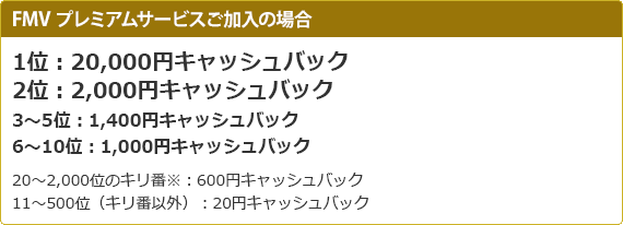 bnr_FMV プレミアムサービスご加入の場合、1位：20,000円キャッシュバック2位：2,000円キャッシュバック3～5位：1,400円キャッシュバック6～10位：1,000円キャッシュバック　20～2,000位のキリ番※：600円キャッシュバック 11～500位（キリ番以外）：20円キャッシュバック