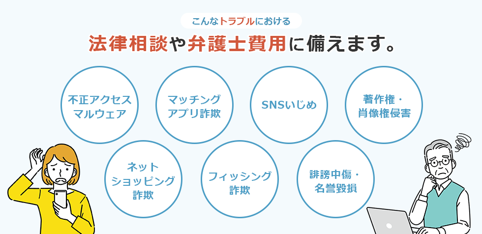 こんなトラブルにおける法律相談や弁護士費用に備えます。