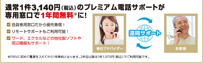 通常1件3,140円（税込）のプレミアム電話サポートが専用窓口で1年間無料に！