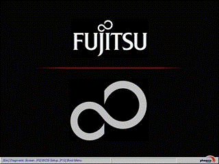 「FUJITSU」のロゴの下にメッセージが表示され、「F12」キーを押している画面イメージ
