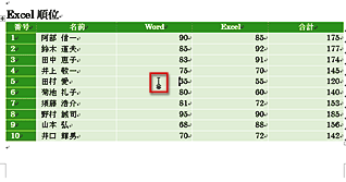 「Excel順位」の表の任意の場所にカーソルを置く画面イメージ