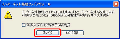ファイアウォールを無効にした時ダイアログボックスが表示されます。