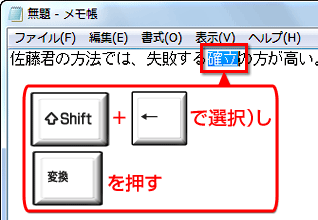 再変換したい文章を選択（［Shift］＋カーソルキー、またはマウスで選択）し、［前候補/変換］キーを押している画面イメージ