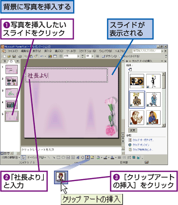 パワーポイント 写真を背面に敷いたスライドを作る Fmvサポート 富士通パソコン