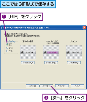 ここではGIF形式で保存する。1.[GIF]をクリック。2.[次へ]をクリック。